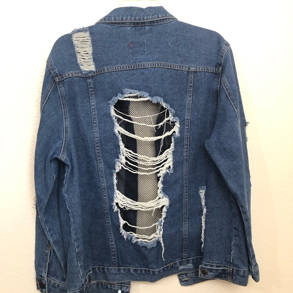 BOOM BOOM JEANS Womens Large Denim Jean Jacket Fishnet Cutouts Destroyed NWOT - Picture 10 of 14